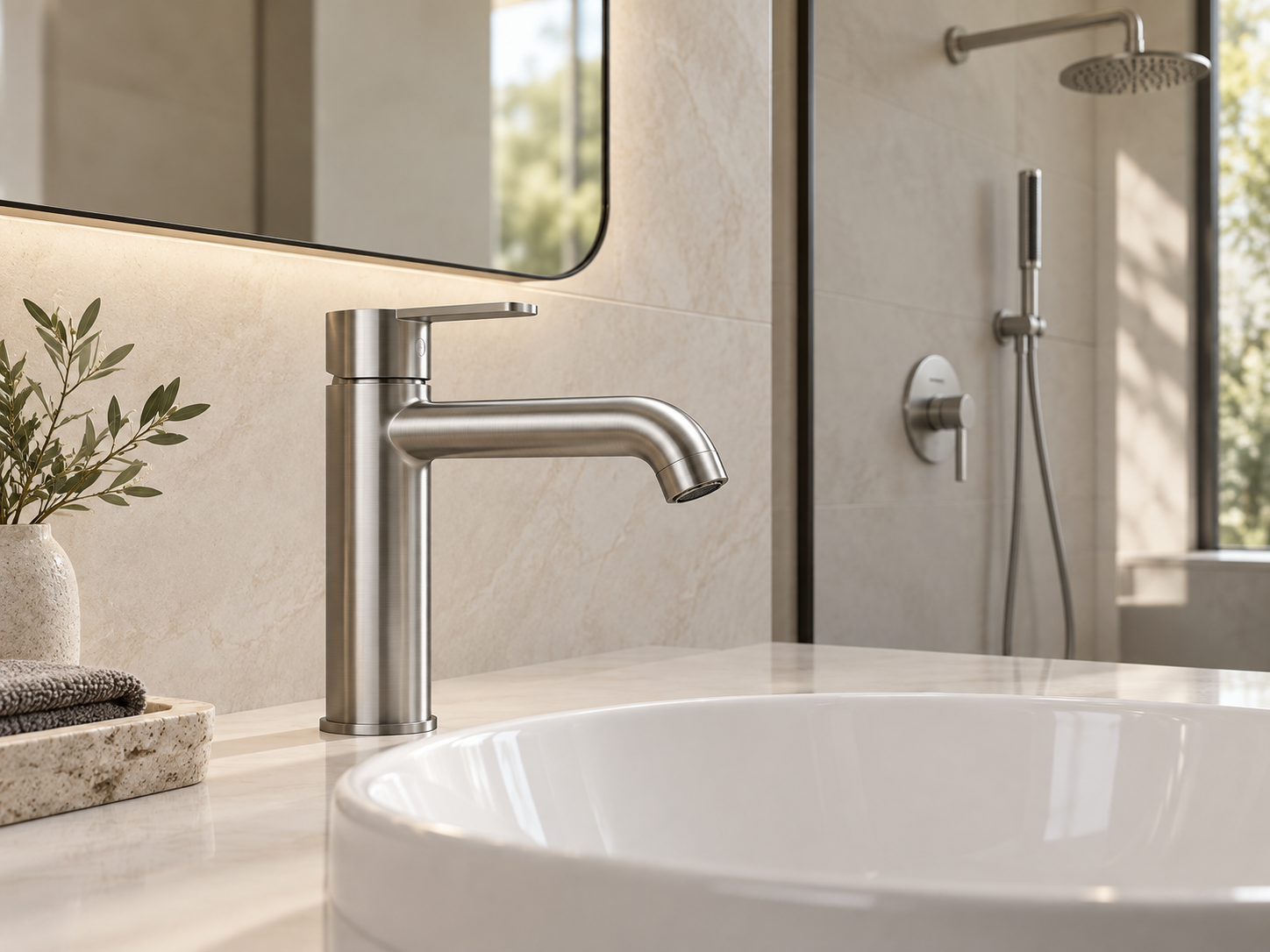 Imagen conceptual de grifería metálica sobre un lavabo y acabados de baño