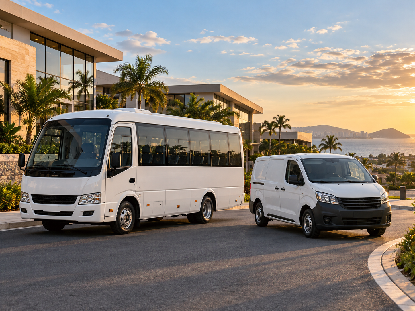 Imagen conceptual de transporte de pasajeros y una unidad de apoyo operativo en un entorno empresarial