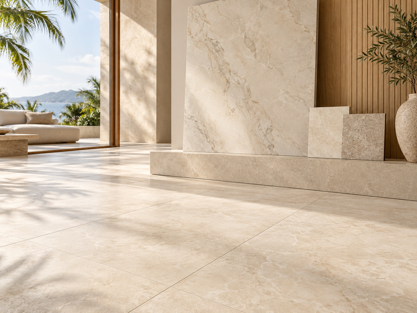 Imagen conceptual de porcelanato de gran formato en un interior luminoso y muestras de acabado